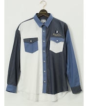 【大きいサイズ】シナコバ/SINA COVA デニムクレイジーパターン レギュラーカラー長袖シャツ