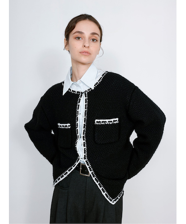 Contrast Trim Cardigan / ツイード風ニットカーディガン（バイカラーステッチ）