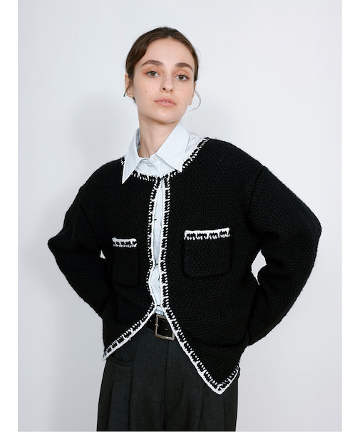 Contrast Trim Cardigan / ツイード風ニットカーディガン（バイカラーステッチ）