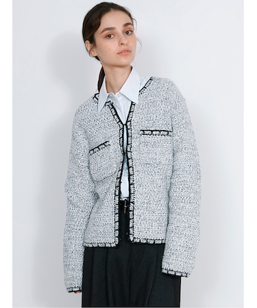 Contrast Trim Cardigan / ツイード風ニットカーディガン（バイカラーステッチ）