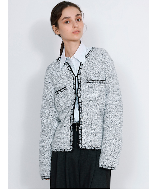 Contrast Trim Cardigan / ツイード風ニットカーディガン（バイカラーステッチ）