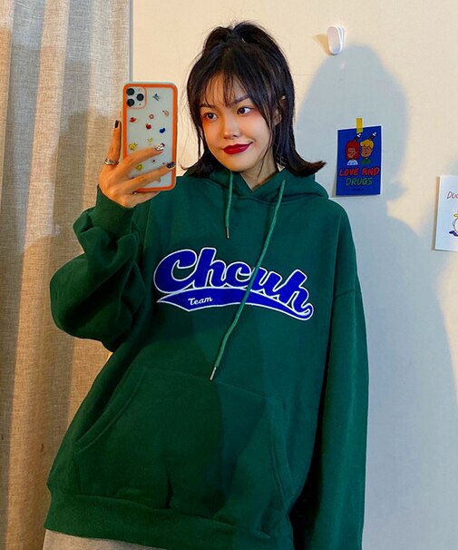 韓国風ビッグシルエットフード付き カレッジロゴ フーディースウェット＆パーカー