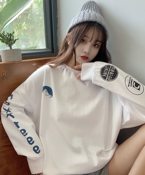 袖プリント ロンT 長袖 クルーネック ロングスリーブ プリントT Tシャツ