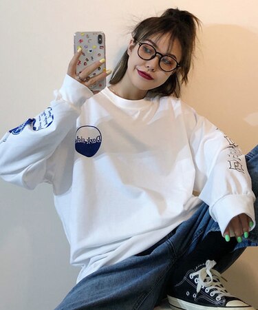 袖プリント ロンT 長袖 クルーネック ロングスリーブ プリントT Tシャツ