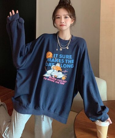 duckプリント 古着風 オーバーサイズ スウェットトレーナー 裏起毛付き