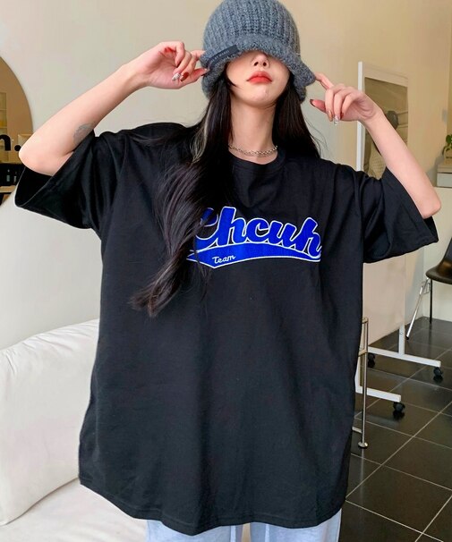 韓国 古着風 ビッグシルエット カレッジロゴ ワッペン刺繍 半袖 Tシャツ