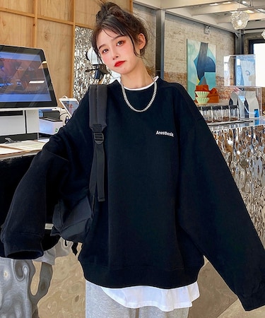 薄手 ボリュームスリーブ ストリートデザイン クルーネック オーバーサイズ 長袖 スウェット トレーナー