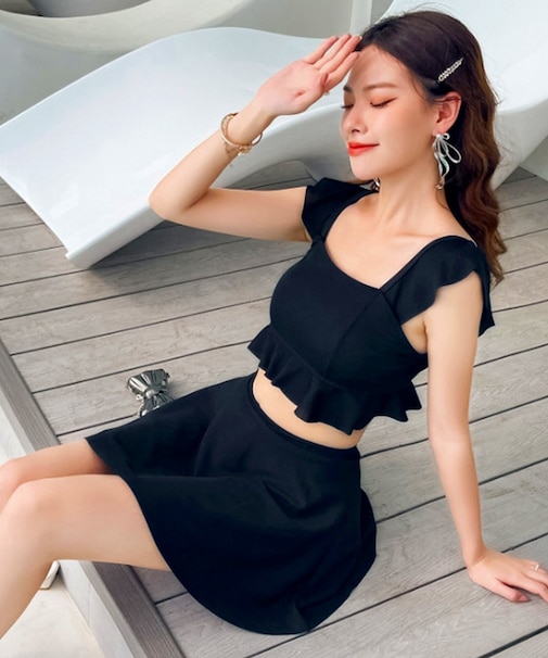 韓国風 ビスチェ フリル ハイウエストスカート 上下2点セット 水着 タンキニ