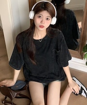 ビッグシルエット ジャンキープリント ピグメント 半袖 Tシャツ 古着風 フライドポテト カレッジロゴ