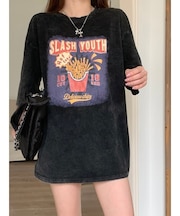 ビッグシルエット ジャンキープリント ピグメント 半袖 Tシャツ 古着風 フライドポテト カレッジロゴ