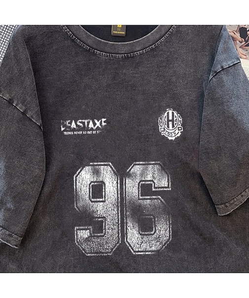 ビッグシルエット ジャンキープリント ピグメント 半袖 Tシャツ 古着風 フライドポテト カレッジロゴ