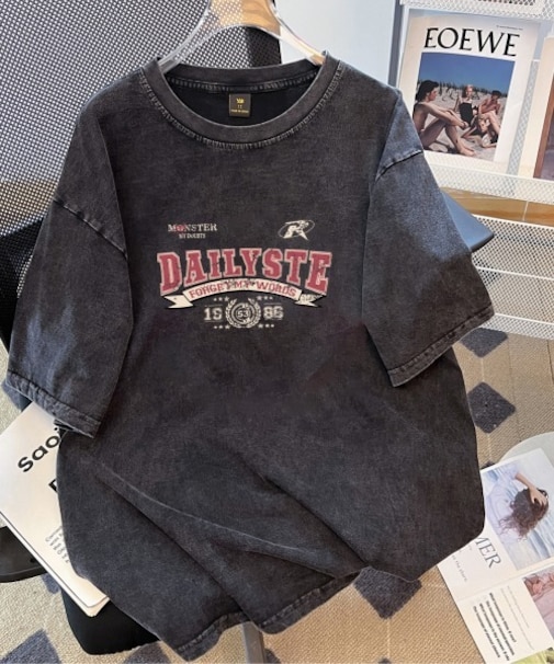 ビッグシルエット ジャンキープリント ピグメント 半袖 Tシャツ 古着風 フライドポテト カレッジロゴ