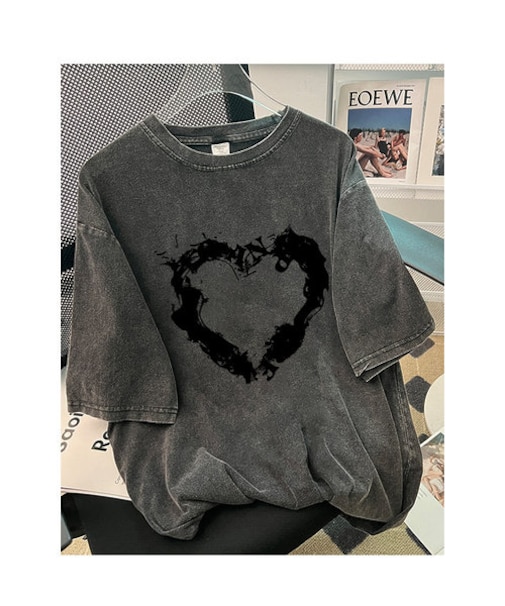 ビッグシルエット ジャンキープリント ピグメント 半袖 Tシャツ 古着風 フライドポテト カレッジロゴ