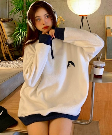 ボア ビッグシルエット オーバーサイズ ワンポイント刺繍カラー ハーフジップ トラックジャケット 防寒