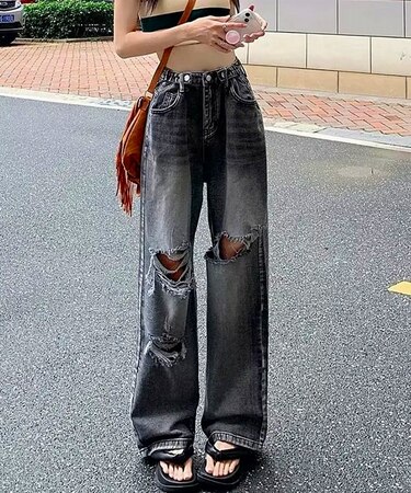 古着風 ルーズクラッシュ ダメージ ストレート ウォッシュ デニムパンツ