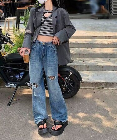 古着風 ルーズクラッシュ ダメージ ストレート ウォッシュ デニムパンツ