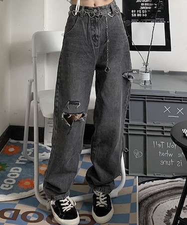 クラッシュ ダメージ デニムパンツ ブラックデニム ウォッシュ ジーンズ ワイドパンツ