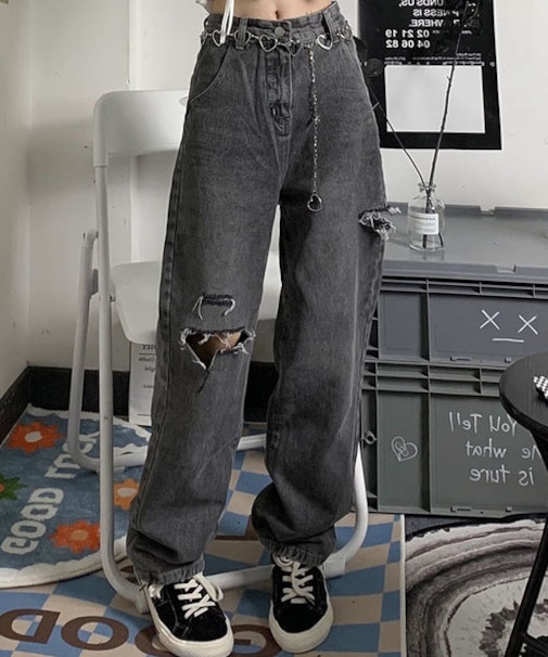 クラッシュ ダメージ デニムパンツ ブラックデニム ウォッシュ ジーンズ ワイドパンツ