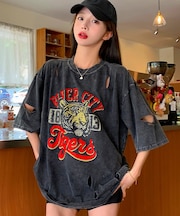 タイガー スカル 髑髏 プリントダメージ加工 韓国 古着風 ピグメント Tシャツ 半袖