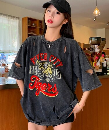 タイガー スカル 髑髏 プリントダメージ加工 韓国 古着風 ピグメント Tシャツ 半袖