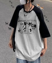 猫ミーム キャット Y2K ロゴ グラフィック ルーズ ラグラン Tシャツ