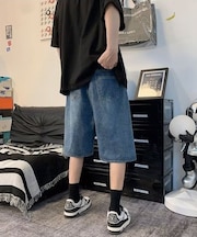 ハーフ ウォッシュ デニム ワイド ショートパンツ
