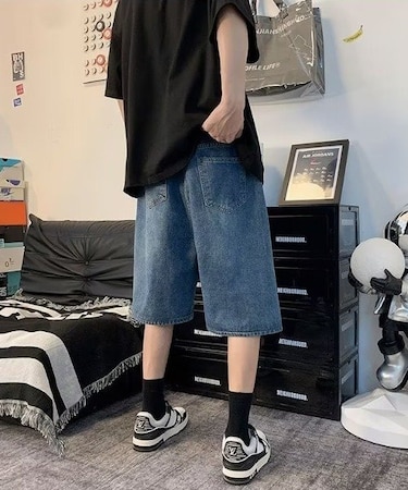 ハーフ ウォッシュ デニム ワイド ショートパンツ