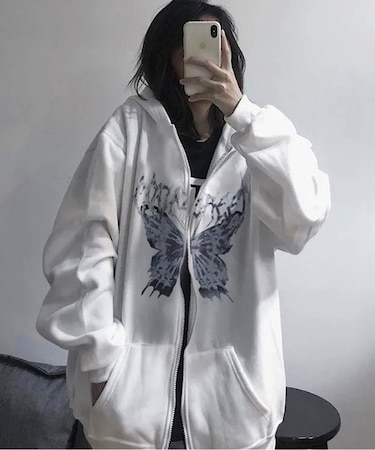 オーバーサイズ サイエンス バタフライプリント ヴィンテージライク パーカー