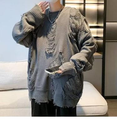 韓国 古着風 リバーシブル ダメージ クラッシュ クルーネック ロンT ニット