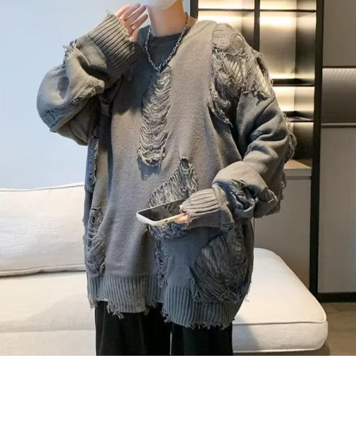 韓国 古着風 リバーシブル ダメージ クラッシュ クルーネック ロンT ニット