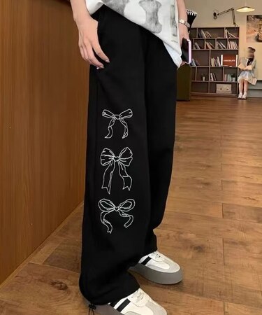 リボン グラフィック プリント シンプル トレーナー ワイド スウェットパンツ