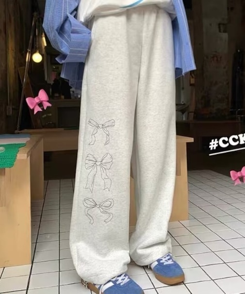 リボン グラフィック プリント シンプル トレーナー ワイド スウェットパンツ