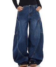 バギー スーパー ワイド ヴィンテージライク 韓国 古着風 ウォッシュ デニムパンツ