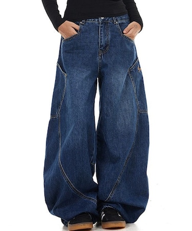 バギー スーパー ワイド ヴィンテージライク 韓国 古着風 ウォッシュ デニムパンツ