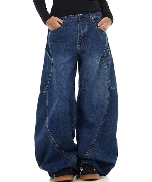 バギー スーパー ワイド ヴィンテージライク 韓国 古着風 ウォッシュ デニムパンツ