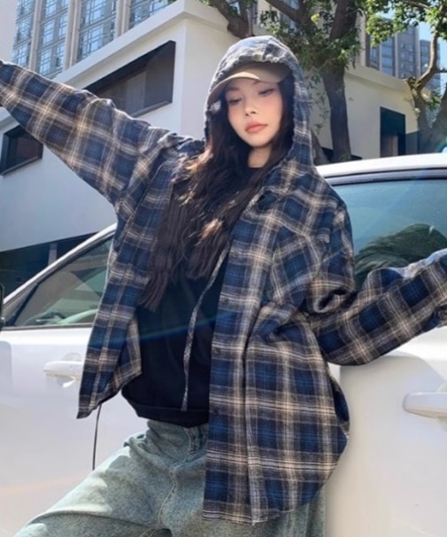 フーディー ヴィンテージライク チェックシャツ 韓国ファッション 韓国ストリート ストリートファッション オーバーサイズ ルーズ 古着風 Y2K