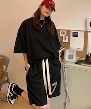 セットアップ 韓国 ストリート スタイル ナンバリング バックプリント ルーズ 半袖 Tシャツ & ショートパンツ ルームウェア