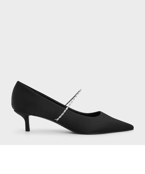 サテン クリスタルエンベリシュッドキトゥンヒールポインテッドトゥ