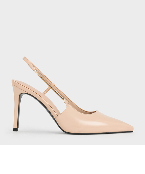 チェーンアクセント ポインテッドトゥスリングバックパンプス