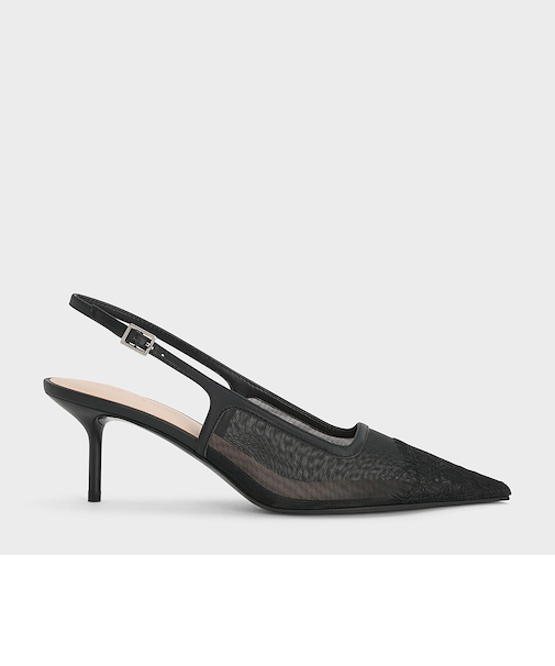 メッシュ&レース ポインテッドトゥスリングバックパンプス