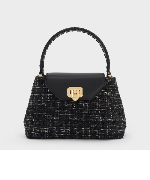 〈新品〉CHARLES & KEITH ツイードキルトハンドルバッグ 黒 Arwen アルウェン ツイードキルトトップハンドルバッグ