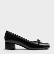 ボウメタリックアクセント スクエアトゥブロックヒールパンプス