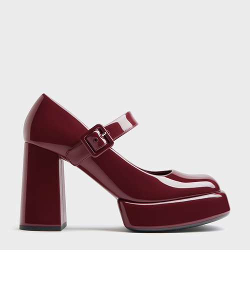 パテント ブロックヒールプラットフォームメリージェーンパンプス
