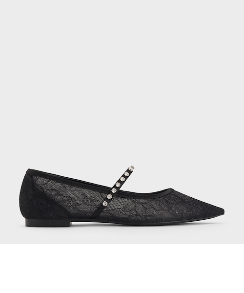 レース&サテン クリスタルエンベリッシュド メリージェーンフラット