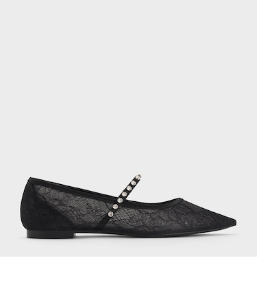 レース&サテン クリスタルエンベリッシュド メリージェーンフラット