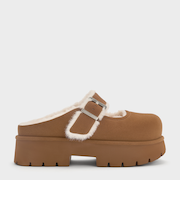 Bergen ベルゲン テクスチャーファートリムバックルプラットフォームミュール