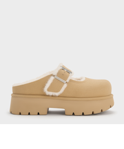 Bergen ベルゲン テクスチャーファートリムバックルプラットフォームミュール