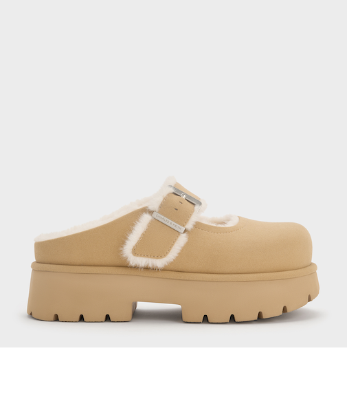 Bergen ベルゲン テクスチャーファートリムバックルプラットフォームミュール