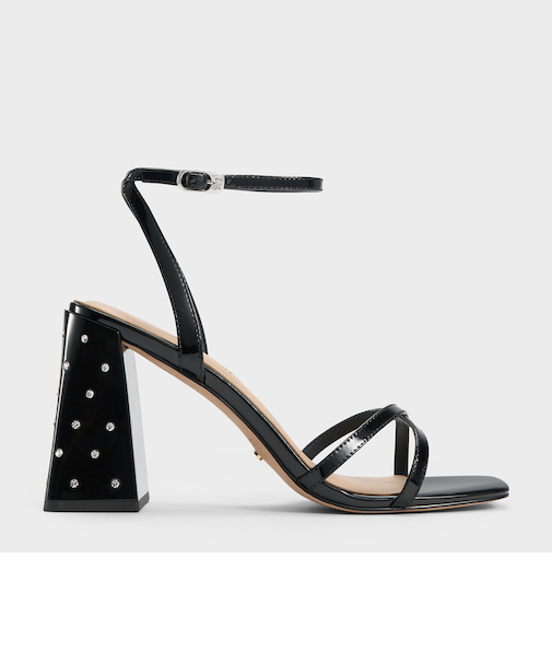 Emmaline エマリーン パテントレザークリスタルヒールアンクルストラップサンダル
