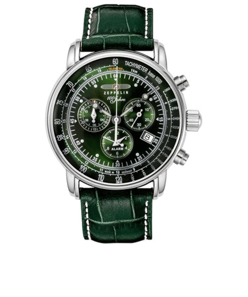 ツェッペリン LZ1 100周年記念 8680-4 メンズ 腕時計 クオーツ グリーン 革ベルト クロノグラフ アラーム